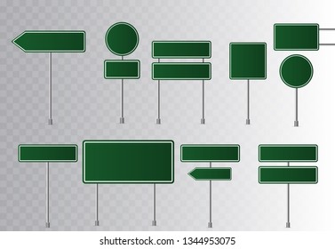 Set of road green traffic signs. Blank board with place for text. Isolated on transparent background. Vector illustration.  