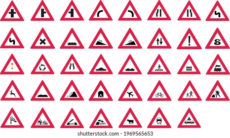 Conjunto de señales de advertencia de peligro en carretera con un contorno rojo para la señal de tráfico por carretera