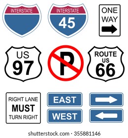 Set of road and highway signs. 