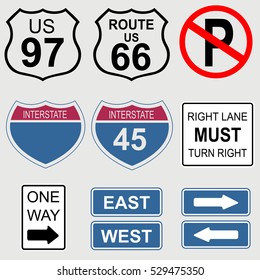 Set of road and highway signs.