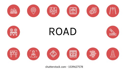 Set of road icons. Such as Skytrain, Place, Navigator, Highway, Error, Route, Road sign, Location, Stop sign, Bridge, Signpost, Cone, Marker , road icons