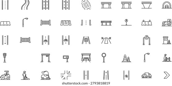 Set of road infrastructure and urban transportation vector line icons with transportati