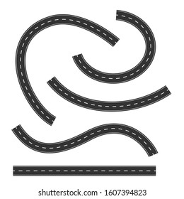 Set of Road Marking Isolated Background. Top View. Curved Highway
