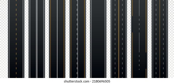 Set of road markings. Vertical asphalt highways with dotted or solid lines. View from above. Copy space. Streets of modern city. Realistic 3D vector collection isolated on transparent background