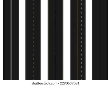 Conjunto de marcas de carretera. Carreteras asfaltadas verticales con líneas de puntos o sólidas. Vista desde arriba.