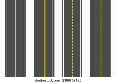 Set von Straßenmarkierungen. Vertikale Asphaltstrassen mit gepunkteten oder festen Linien. Von oben anzeigen. Kopiert Platz. Straßen der modernen Stadt. Realistische 3D-Vektorgrafik einzeln auf weißem Hintergrund