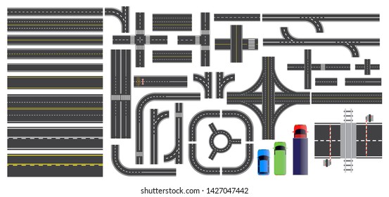 set of road parts with dashed line, roadside marking, intersections junction and crosswalk. eps vector