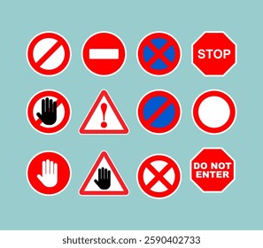 Set of road prohibition signs. Red sign of danger and attention. Passage is closed