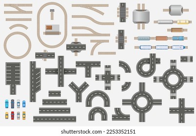 Set bestehend aus Straßen- und Eisenbahnelementen, Zügen und Autos für Stadtplan Draufsicht . Transportkit für Stadtdesign, Landplan. Nahtloser Konstrukteur des Stadtverkehrs. Auto, Bahnhof, Zug, Wagen, Lokomotive