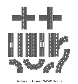 Conjunto De Tramos De Carretera, Incluidos Los Elementos Rectos, Curvos E Intersecciones, De Estilo Monocromo, Vector