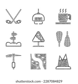 Set Road sign avalanches, Route location, Mountains, Snowshoes, Ice axe, traffic signpost, Hot chocolate cup and hockey sticks icon. Vector