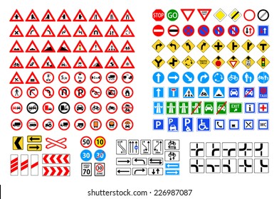Set of road sign. collection of warning, priority, prohibitory, mandatory... traffic symbol. european and american style design. vector art image illustration, isolated on white background 