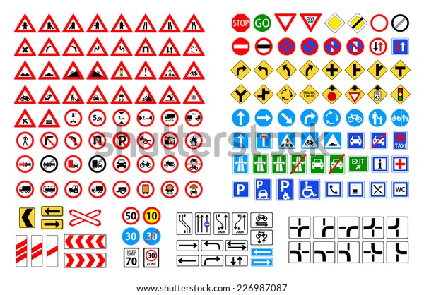 道路標識のセット 警告 優先度 禁止 必須のコレクション 交通記号 ヨーロッパとアメリカのスタイルのデザイン 白い背景にベクターアートの画像イラスト のベクター画像素材 ロイヤリティフリー