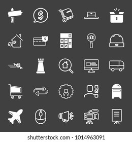 set of road sign, dollar, luggage, hat, money box, estate, credit card, calculator, search, jet plane, chess, computer, bus, cart, transfer, setting, checklist, mailbox, mouse, loudspeaker vector icon