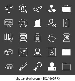 set of road sign, house search, route, map pin, suitcase, computer stats, profile photo, touchscreen, train, baggage, piggy bank, sand clock, brick, chat, waiter, folder, key, pencil, bus vector icon