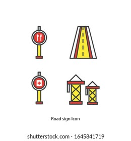 Conjunto de diseños de conjunto de iconos rellenos de la línea de señalización de la carretera, Dirección de la información del mensaje de advertencia de calle y dirección Tema Vector ilustración