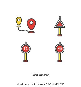 Conjunto de diseños de conjunto de iconos rellenos de la línea de señalización de la carretera, Dirección de la información del mensaje de advertencia de calle y dirección Tema Vector ilustración