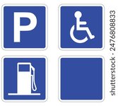 Set of road sign or parking sign, disabled icon, Gas station symbol and blank board.