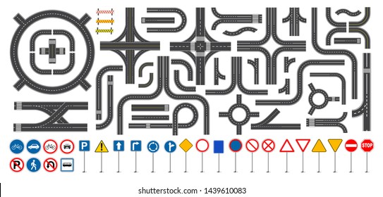 set of road sign and road parts with dashed line, roadside marking, intersections junction and crosswalk. easy to modify