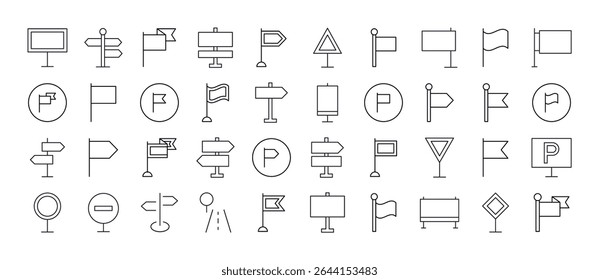 Conjunto de ícones de linha relacionados ao sinal de estrada. Outline Signs para Gráficos e Web Design, Apps, Anúncios, Vários Cartões 