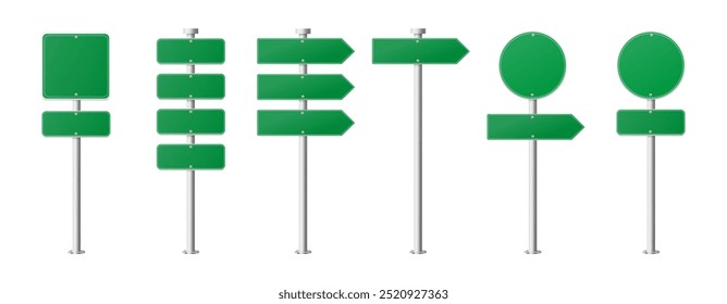 Conjunto de señales de tráfico. Vector de letreros realistas para la carretera o conducir parte de la calle. Indicadores de guía o información direccional o dispositivo de control de tráfico. Carreteras o zonas de construcción