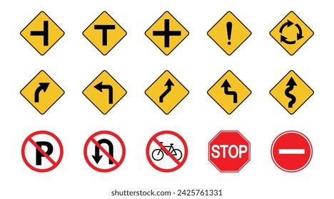 Set of Road Signs, arrow caution or danger sign, direction icon and information, stop, no bikes, no turn