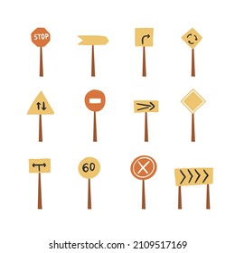 Conjunto de señales de carretera con flecha, información de velocidad aislada en blanco. Ilustración vectorial de icono plano de cartelera de carretera. Precaución y señalización de la dirección del automóvil y el transporte en la colección de clipart de dibujos animados de la autopista