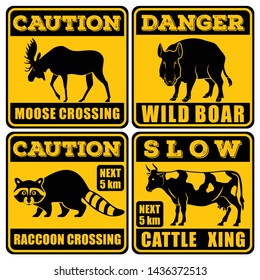 Set of Road signs - Attention Animal, Moose, Cattle, Raccoon, Wild Boar. Vector illustration