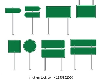 Set of road signs. Blank green road sign. Vector illustration.