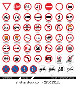 Conjunto de señales de carretera. Colección de señales de tráfico obligatorias y prohibitivas. Ilustración vectorial. 