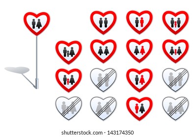 Set of road signs designed with heart shape and human pictograms. Its about gender relation, family, marriage, child adoption, prohibitions and de-restrictions in these fields.