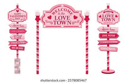 A set of road signs and gates with a sign for Valentine's Day.  Festive pointer for Valentine's Day with arrows. Illustrated vector clipart.