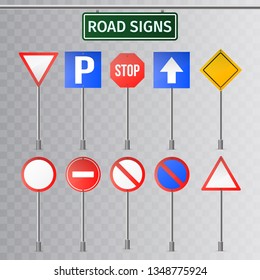 Set of road signs and green traffic signs. isolated on transparent background. Vector illustration.  