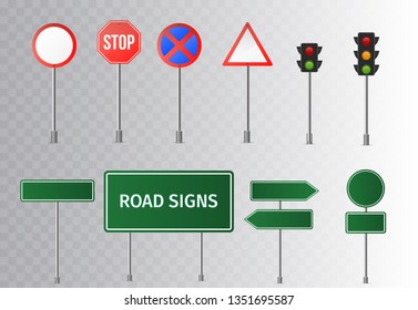Set of road signs and green traffic signs. isolated on transparent background. Vector illustration.  