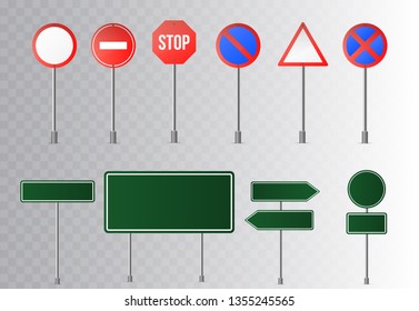 Set of road signs and green traffic signs. isolated on transparent background. Vector illustration.  