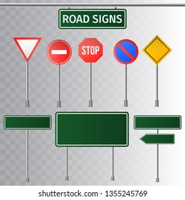 Set of road signs and green traffic signs. isolated on transparent background. Vector illustration.  