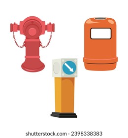 Set of road signs of Hong Kong. Garbage can, fire hydrant and car sign on white background. Road information and direction signs. Transportation sign. Public facilities on the road.