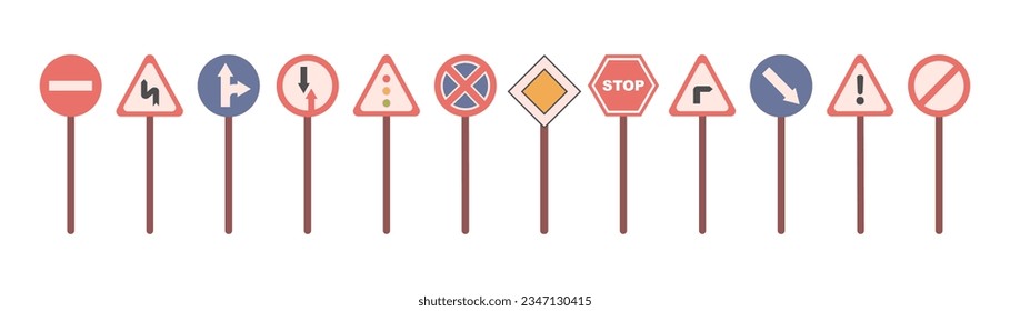 Conjunto de señales viales aisladas de dibujos animados planos ilustración vectorial. Símbolos de tráfico callejero, precaución y señalización de seguridad para la autopista, advertencia para detener o cambiar la carretera, al lado de la carretera sobre el peligro