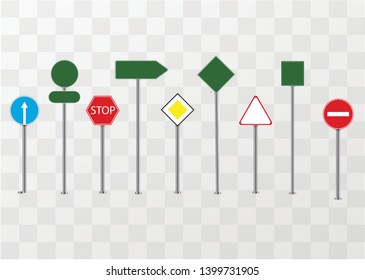 Set of road signs isolated on transparent background. Vector illustration. 