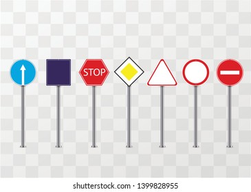Set of road signs isolated on transparent background. Vector illustration. 