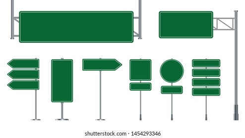 Set road signs isolated white background  Green traffic signs 