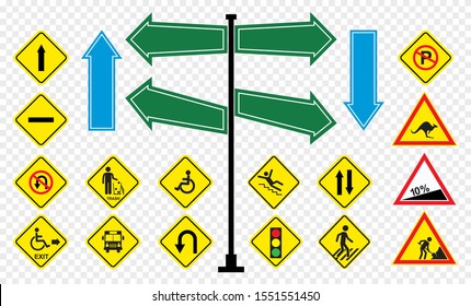 Set of road signs isolated on transparent background. Vector illustration