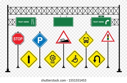 Set of road signs isolated on transparent background. Vector illustration