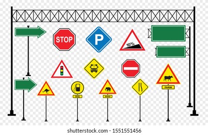 Set of road signs isolated on transparent background. Vector illustration