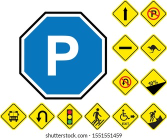 Set of road signs isolated on transparent background. Vector illustration