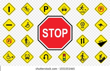 Set of road signs isolated on transparent background. Vector illustration