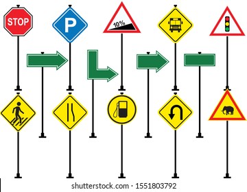 Set of road signs isolated on transparent background. Vector illustration