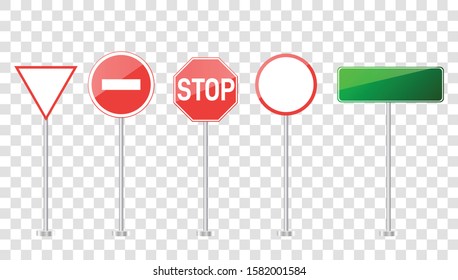 Set of road signs isolated on transparent background.Blank street traffic and road signs vector set isolated. Road signs vector red and yellow empty banners road sign mock up