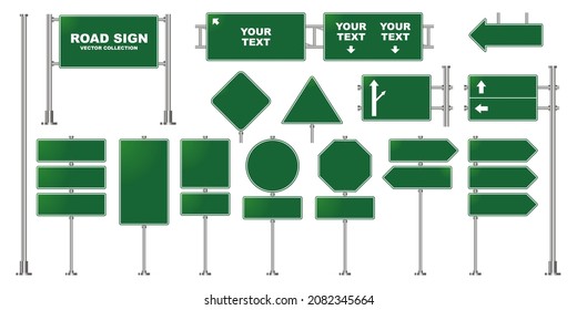 Set of road signs isolated on white background, Green traffic signs collection