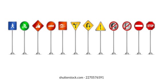 Set of road signs isolated on white background. half realistic design ready. Green, yellow, blue, orange, red and white in color.